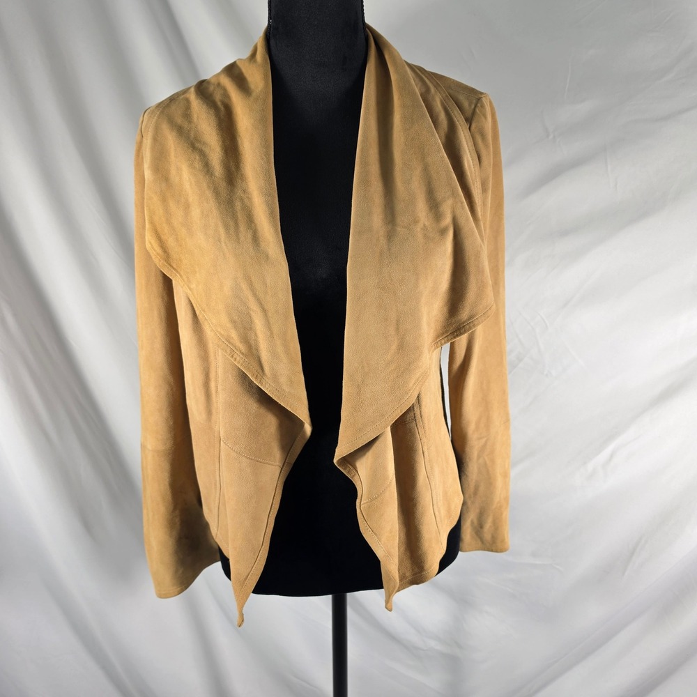 Mango MNG Tan 100% Goat Leather Suede Waterfall Draped Jacket S